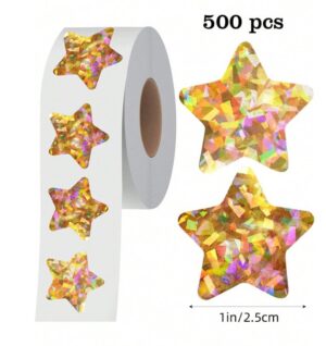 Kleebiserull kleebised 500 tk 2,5 cm Tähed kuldse läikega